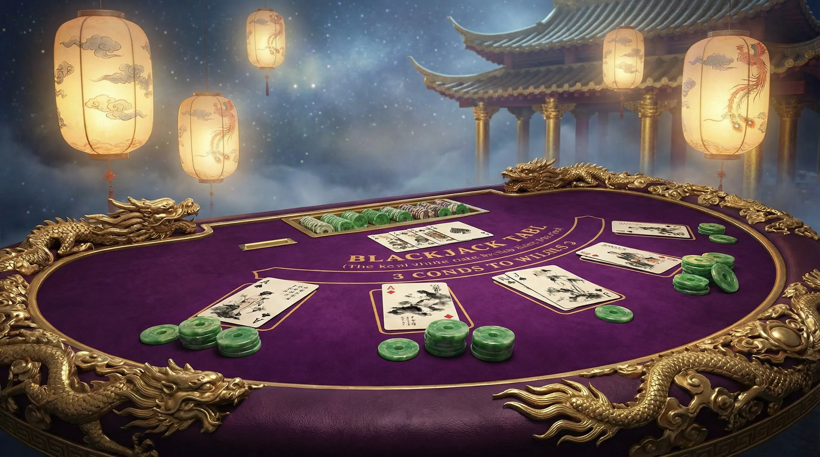 Mesa de blackjack com decoração de dragões e fichas de jade